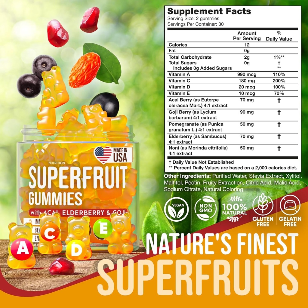 Joyli Superfruit Gummies - Sugar-Free Fruit Multivitamin Gummies for Adults - Natural Gummy Vitamins for Women & Men with Goji, Elderberry, Vitamins A, C, D & E - Supports Immunity, Digestion & Energy 4