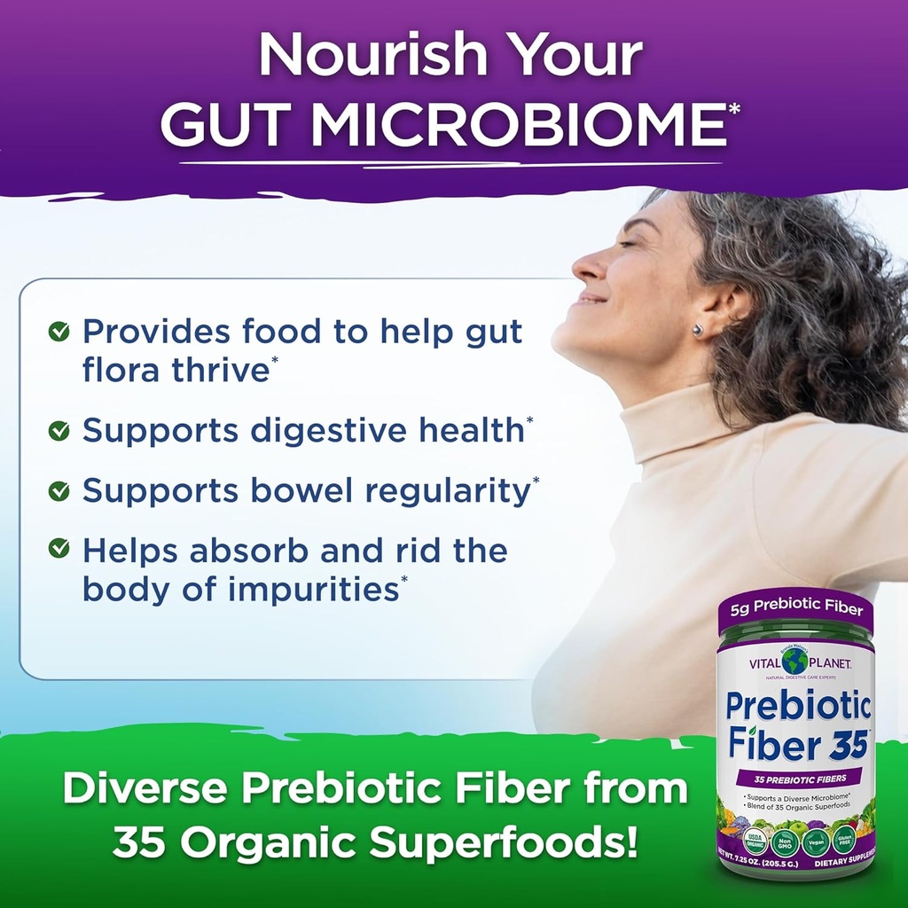 Vital Planet - Fiber 35 Powder Diverse Fiber Supplement for Dietary Support and Occasional Constipation with 35 Prebiotic Fibers and 35 Organic Superfoods to Maintain Bowel Regularity, 6.77 oz 5