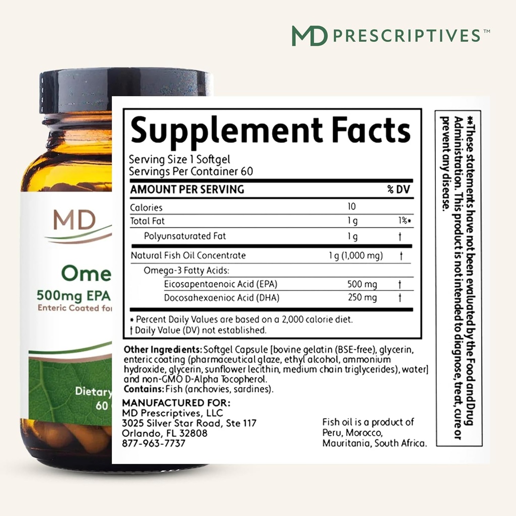 MD Prescriptives Omega MD Supplement - 500 EPA & 250 DHA Omega 3 Fish Oil - Supports Brain Health & Joints* - No Fishy Smell - 60 Softgels 3