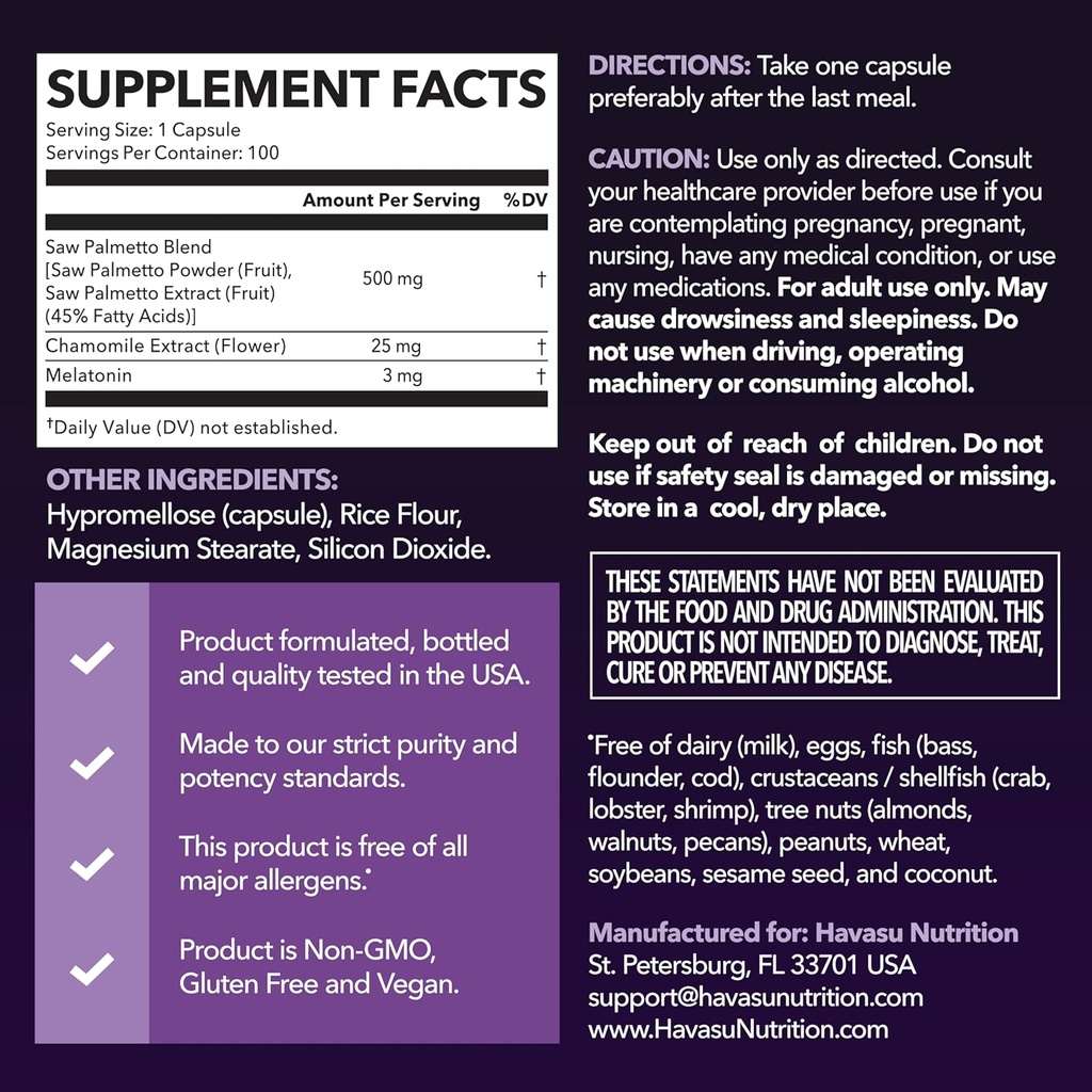 Saw Palmetto PM for Men with Melatonin 3mg - Night Time Prostate Health Supplement for Bladder and Sleep Support - Reduce Urinary Frequency - 100 Count - Vegan, Non-GMO Capsules - Over 3 Month Supply 3