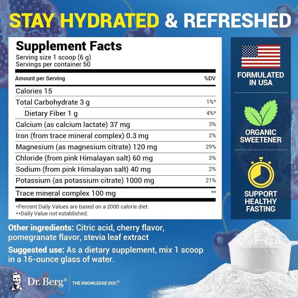 Dr. Berg Zero Sugar Hydration Keto Electrolyte Powder - Enhanced w/ 1000 mg of Potassium & Real Pink Himalayan Salt (NOT Table Salt) - Pomegranate and Cherry Hydration Drink Supplement - 50 Servings 4