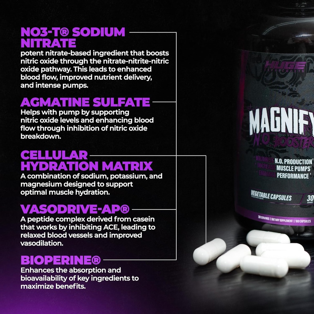 Huge Supplements Magnify Pump Pills & Nitric Oxide Booster, Enhance Muscle Pumps, Fullness & Vascularity, Science-Backed Ingredients - NO3-T Nitrates, Agmatine Sulfate, VasoDrive-AP (180 Capsules) 5