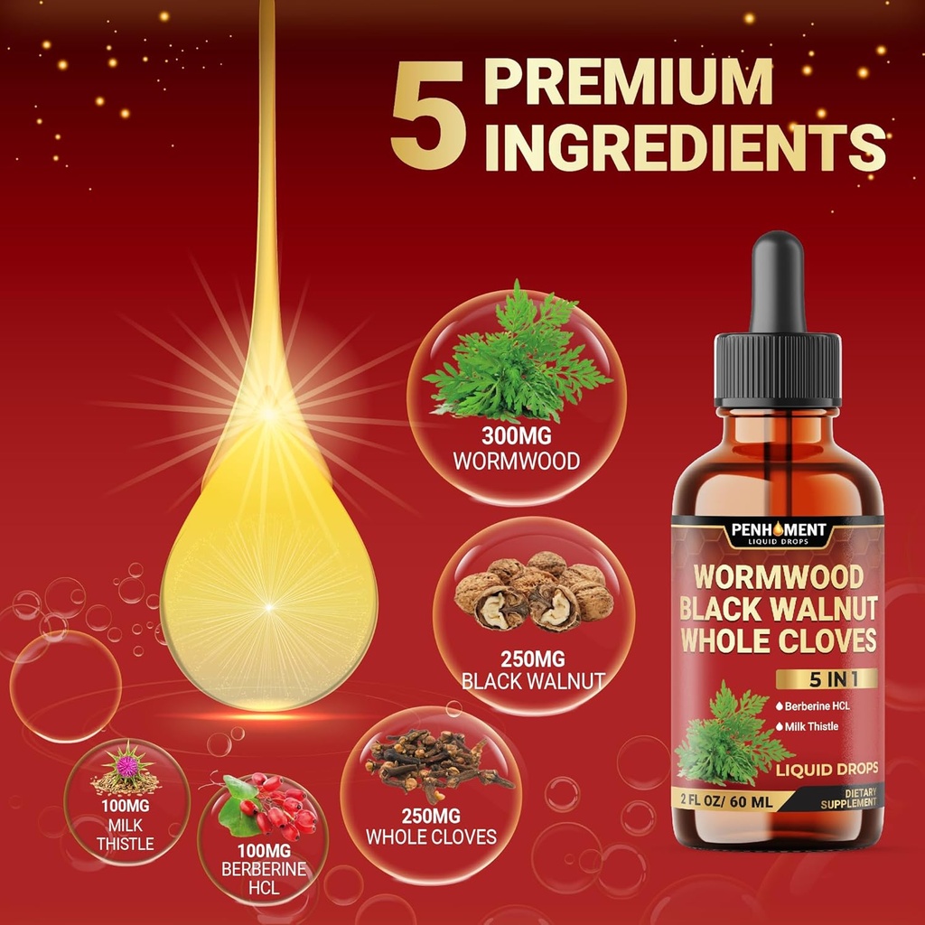 5in1 Wormwood Liquid Drops - Black Walnut Cloves Extract, Berberine, Milk Thistle - 2 Fl oz - 60 Days Supply 4