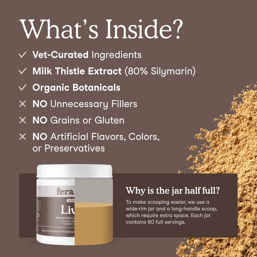 Fera Pets Liver Supplement for Dogs & Cats with Milk Thistle, Choline & Turmeric - Organic Botanicals - Enhances Liver Function, Immunity, Detoxification, & Metabolic Function - Powder - 60 Scoops 4