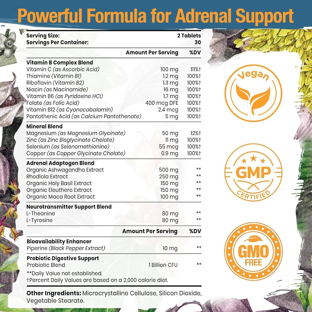 Adrenal Support Adaptogens Herbs Supplements - Cortisol Supplement with Rhodiola Rosea, Ashwagandha, Holy Basil and Eleuthero-Mood and Energy Support for Women & Men-Non-GMO, 120 Vegan Tablets 3