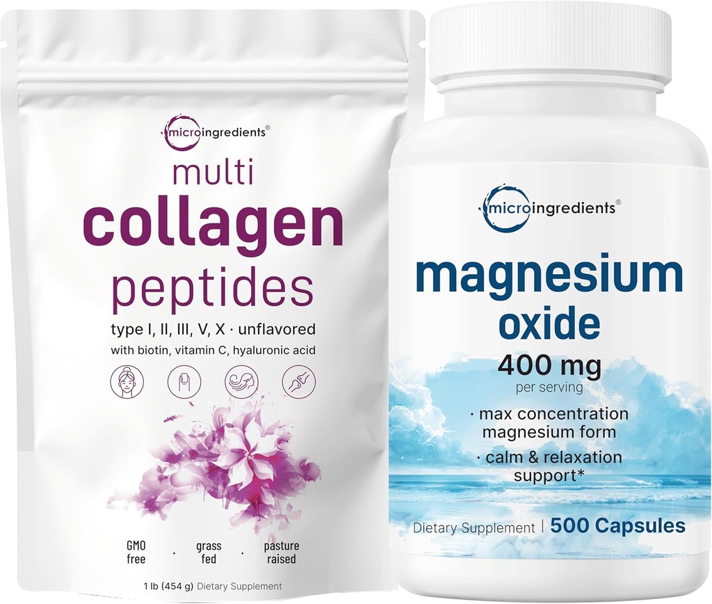 Micro Ingredients Multi Collagen Protein Powder 16oz & Magnesium Oxide 400mg Bundle Pack | Grass-Fed Collagen Peptides | Elemental Form for Max Concentration 2