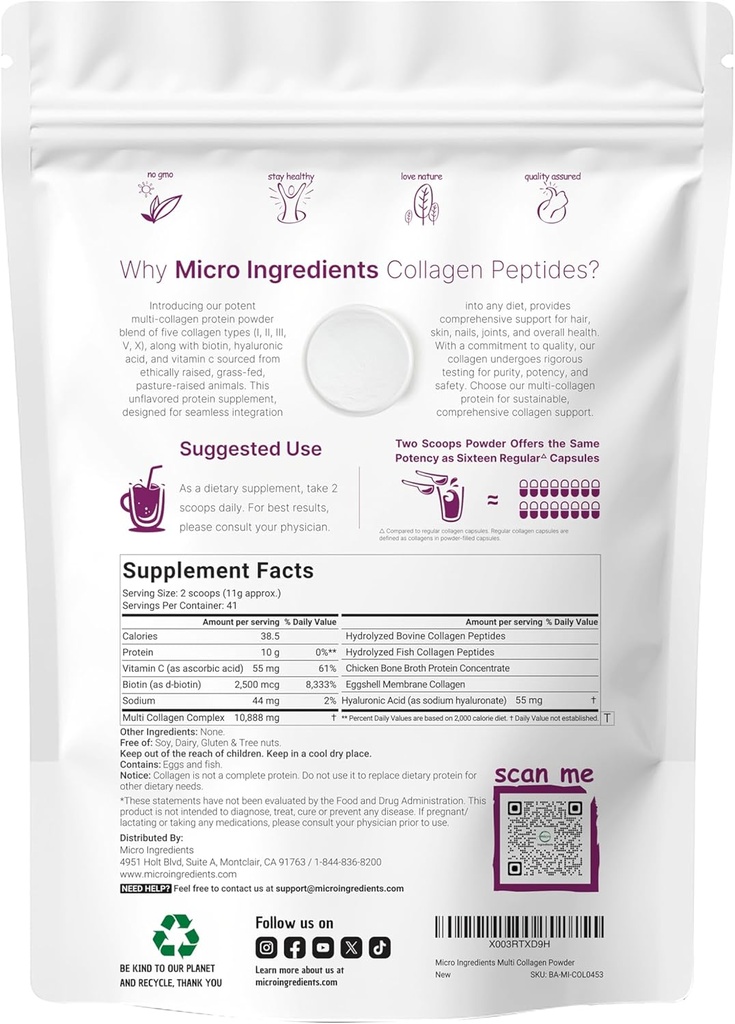 Micro Ingredients Multi Collagen Protein Powder 16oz & Magnesium Oxide 400mg Bundle Pack | Grass-Fed Collagen Peptides | Elemental Form for Max Concentration 4