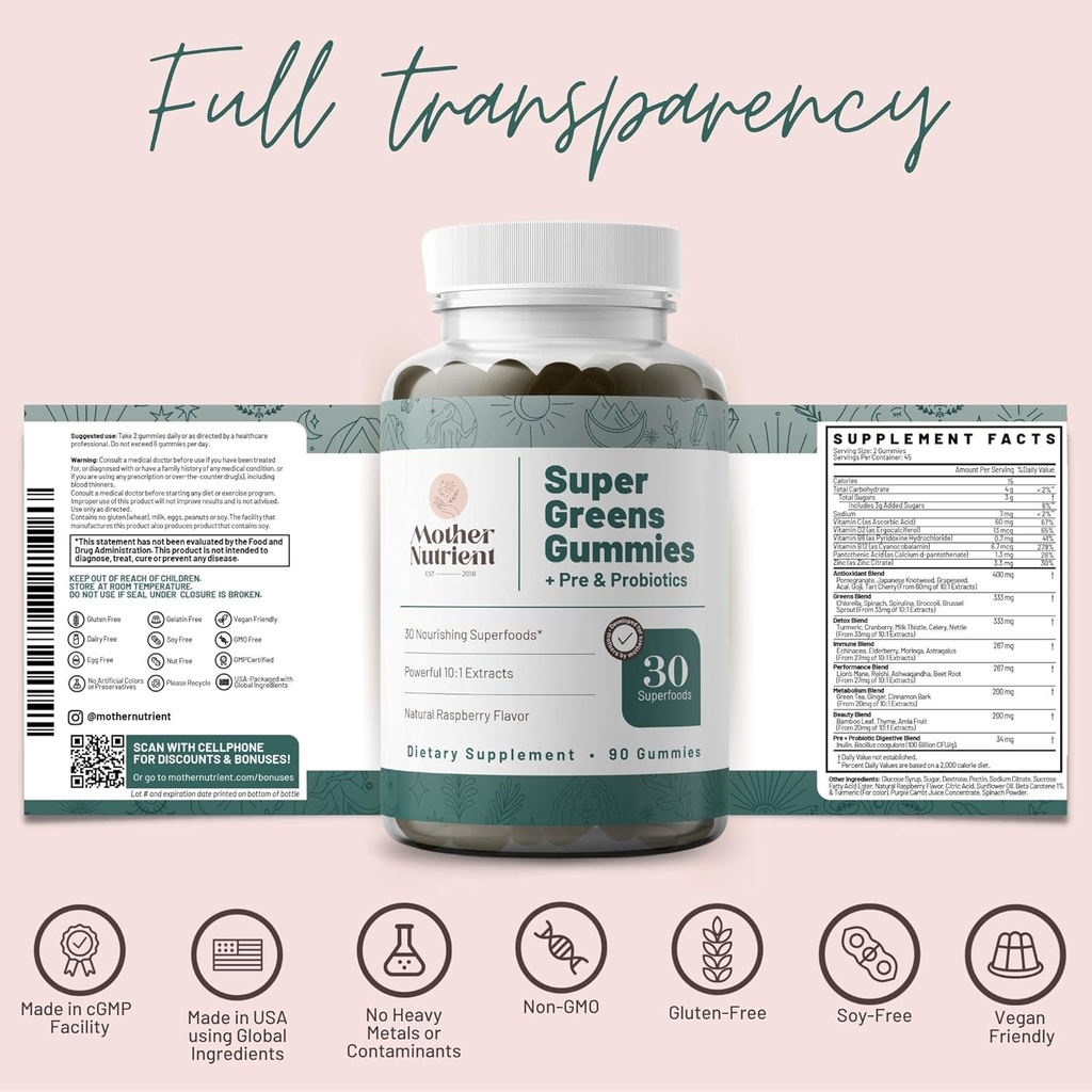 Super Greens Gummies for Women, Adults - with Prebiotics & Probiotics, Not 8, but 30 Powerful Greens Superfoods - Multivitamin Veggie Chewables (90 Gummies) 6
