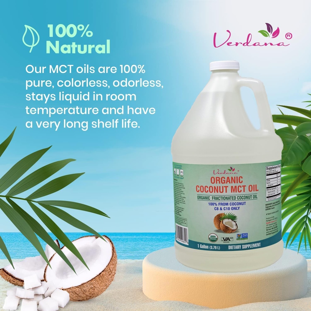 Verdana USDA Certified Organic Coconut MCT Oil –Fractionated Coconut Oil – No Palm Kernel Used – Kosher, Food Grade, Non-GMO – Great for Keto and Paleo Diets – 1Gallon 5