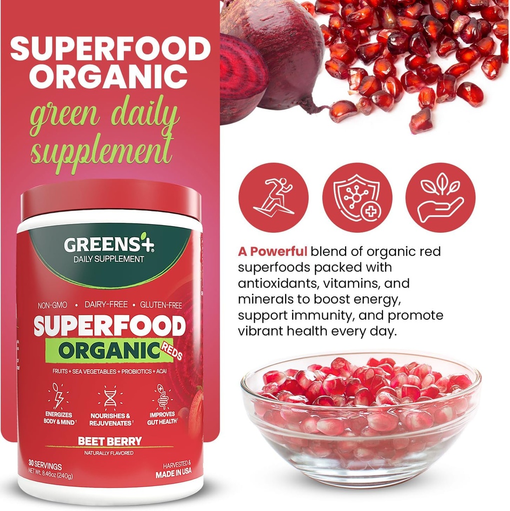 Greens+ Organic Reds Superfood Powder, Antioxidant, Polyphenol, Blend for Morning Kick, Energy, Vitality Boost, Nutrition, Vibrant Health, Vegan Soy/Dairy/Gluten Free(8.46oz) 3
