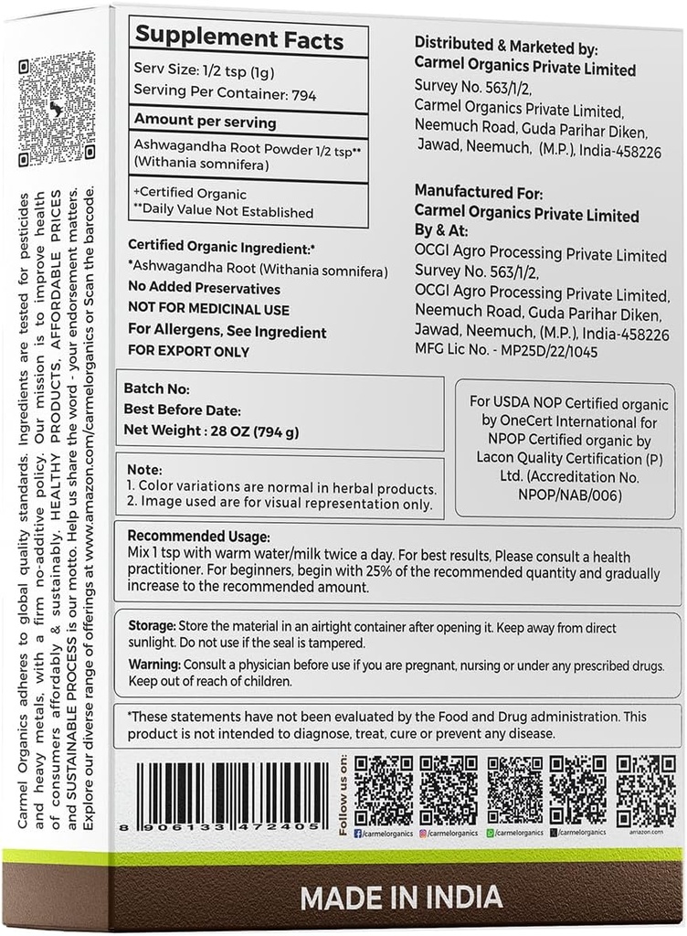 CARMEL ORGANICS Organic Ashwagandha Root Powder (28 Oz or 794g/1.75 Lbs) USDA Certified. Lab Tested, Non GMO & Gluten Free | Withania Somnifera from India 4
