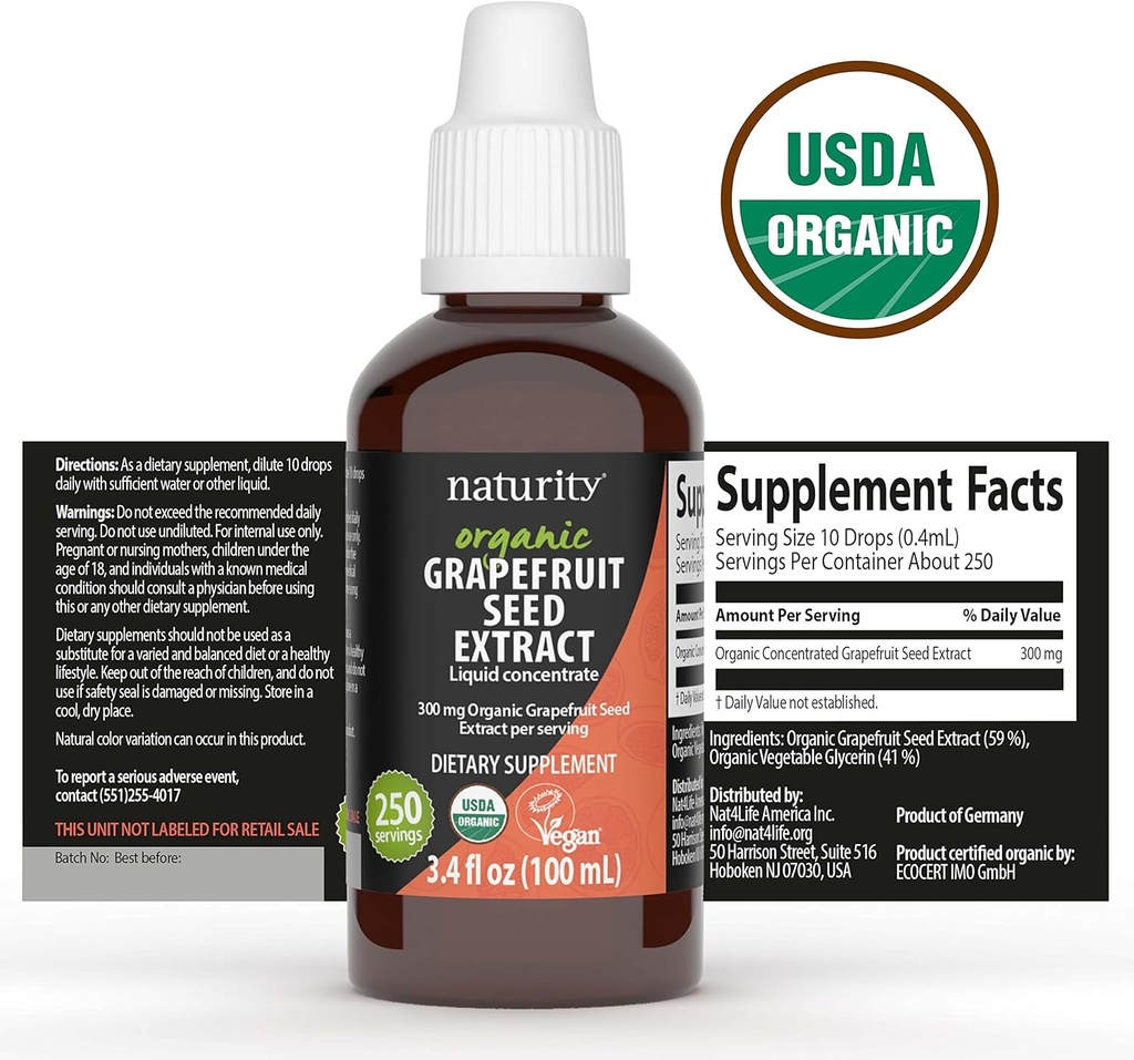 naturity Organic Grapefruit Seed Extract Supplement -300mg Grapefruit Seed Extract/Serving, 82 Day Supply - Pure GSE Liquid Concentrate, 3.4 fl oz (100ml) 4