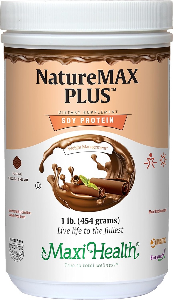 Maxi-Health NatureMAX PlusTM Energy Support Meal Replacement Drink Soy Protein Powder - Sugar Free Diet Supplement - 1 Lb - Natural Vanilla Flavor - Kosher Vitamin 5