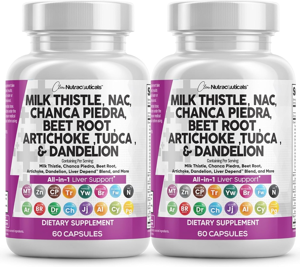 Clean Nutraceuticals Milk Thistle NAC Chanca Piedra Beet Root Artichoke Dandelion Root - Liver Cleanse Supplement Plus TUDCA Choline & Ginger - 2Pack 2