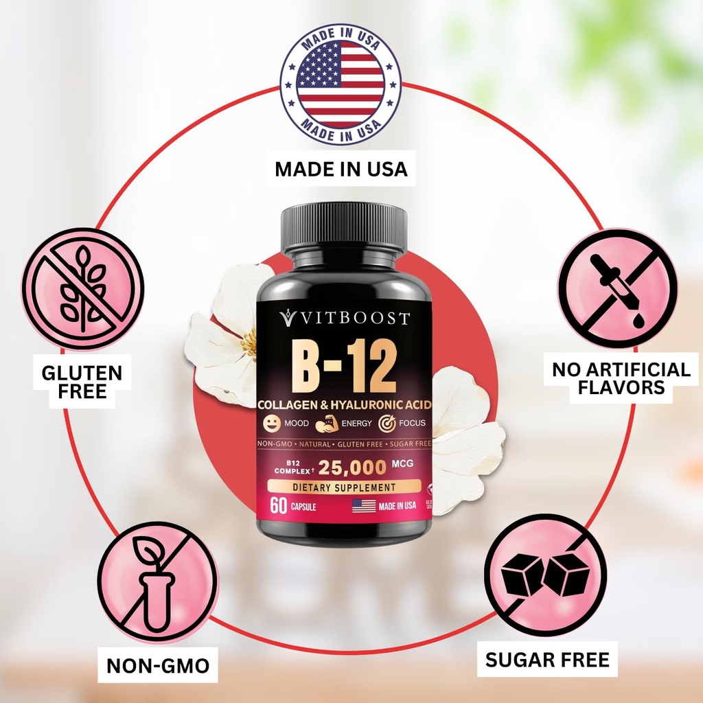 B12 Methylcobalamin with Hyaluronic Acid, Collagen, and Folate – 25000 mcg Supplement Enhance Absorption & Boost Energy | Gluten-Free, Made in USA, B1, B2, B3, B6, B7 Complex - Pack of 2 5
