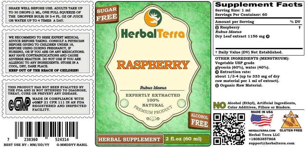 Raspberry (Rubus Idaeus) Glycerite, Organic Dried Leaves Alcohol-Free Liquid Extract (Brand Name: HerbalTerra, Proudly Made in USA) 2x2 fl.oz (2x60 ml) 3