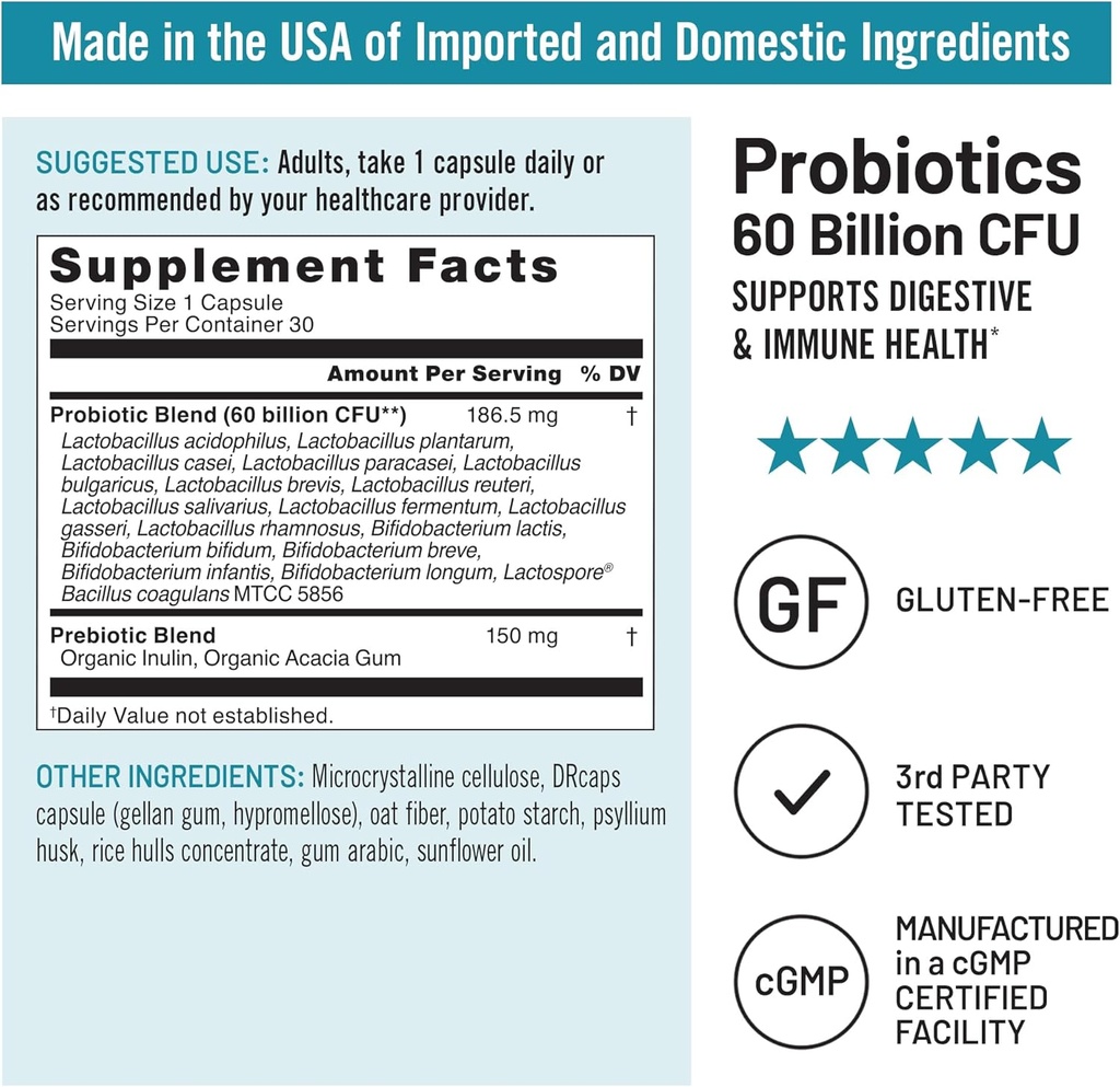 NatureWise Probiotics 60 Billion CFU - 17 Strains + Organic Prebiotics - Immune, Digestive & Gut Health Support for Women & Men - Vegetarian, Gluten-Free, Non-GMO - 30 Capsules[1-Month Supply] 5