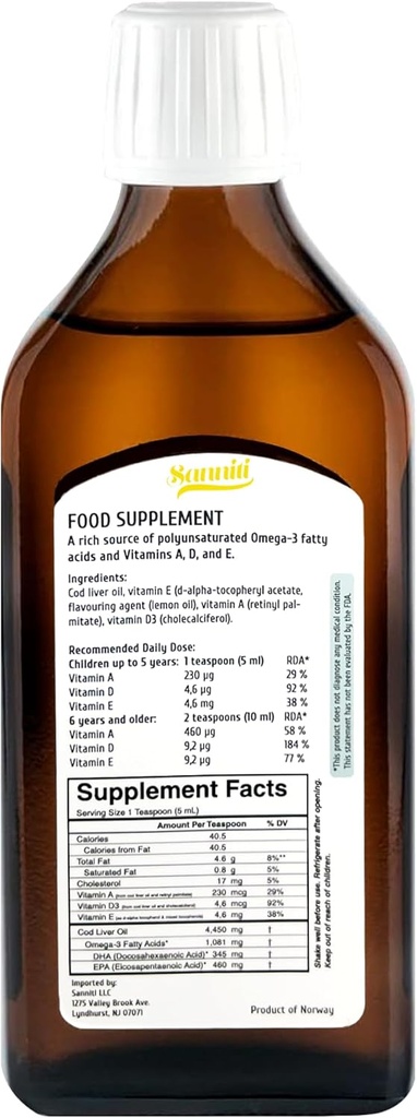 Sanniti 100% Natural Cod Liver Oil, 1081 mg Total Omega-3 Fatty Acids, Wild Caught Nordic, 250 mL (8.4 oz) (Lemon) 3