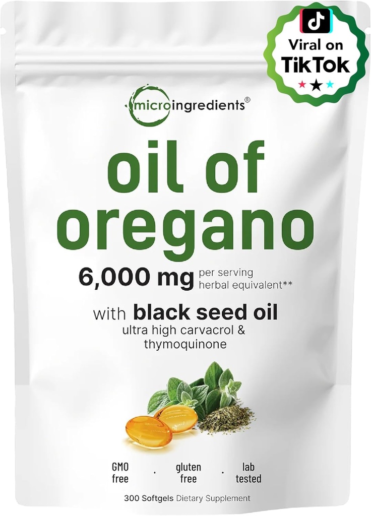 Micro Ingredients Oil of Oregano Softgels 6,000mg Per Serving & Vitamin D3 5000 IU Plus K2 (MK-7) 100 mcg, 300 Virgin Coconut Oil Softgels Bundle Pack | 4X Strength Carvacrol & Thymoquinon | Essential 3