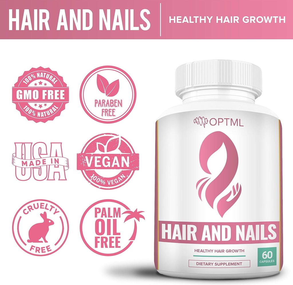 OPTML Hair and Nail Vitamins for Hair Growth and Thickness, Biotin-Infused Hair Pills, Hair Vitamins for Faster Hair Growth and Healthy Nails, for Women and Men, 60 Capsules 4