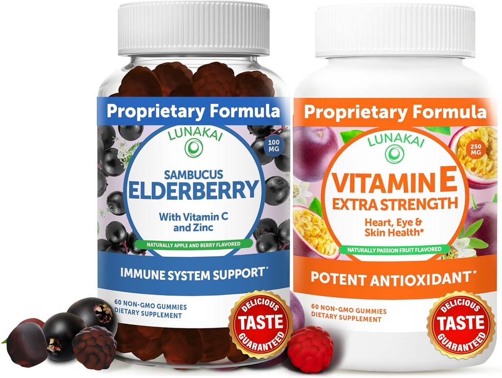Lunakai Elderberry and Vitamin E Gummies Bundle - Immune Support Supplement with Zinc and Vitamin C Plus 1000iu Natural VIT E Gummy for Eye and Skin Health 2