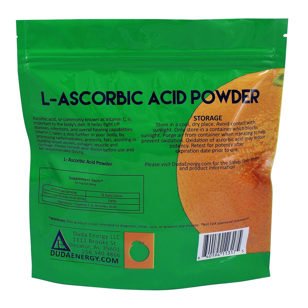Duda Energy L-Ascorbic Acid Powder 99+% Food Grade USP36/BP2012 Naturally Fermented Pure White Crystals Form of Vitamin C, 1 lb. 3