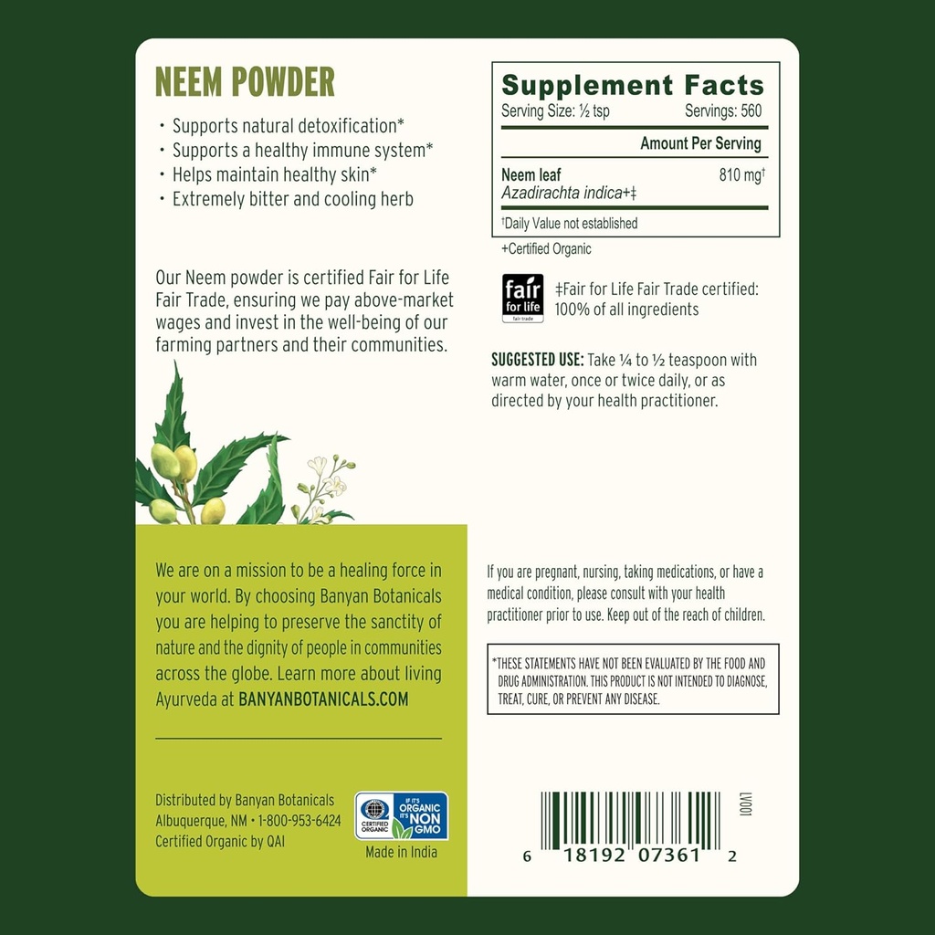 Banyan Botanicals Neem Powder – Organic Neem Leaf Supplement (Azadirachta Indica) – for Skin Health, Immune Support, and Natural Detoxification* – 1 lb. – Non-GMO Sustainably Sourced FFL Fair Trade 3