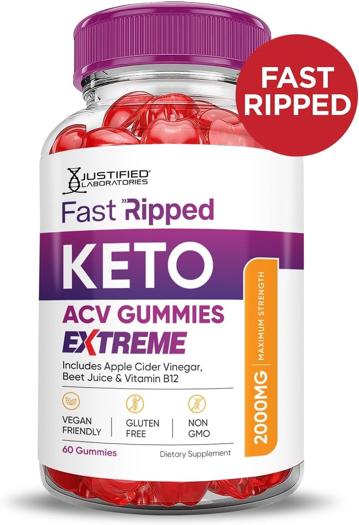 Justified Laboratories (3 Pack Fast Ripped Keto ACV Gummies Extreme 2000MG Fast Ripped Keto Gummies Apple Cider Vinegar Formulated with Pomegranate Beet Juice Powder B12 Vegan Non GMO 180 Gummys 5