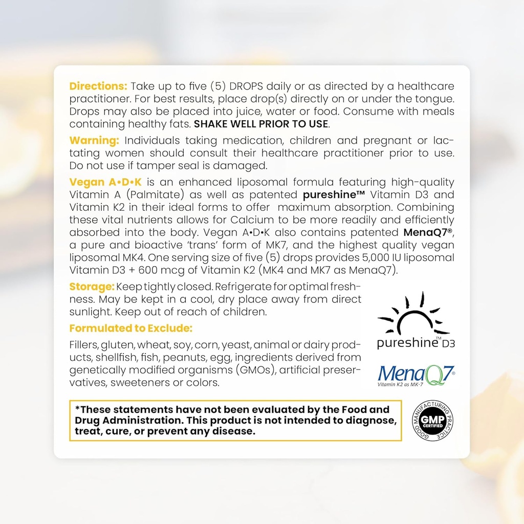 Pure TheraPro Rx Vegan A-D-K Drops-6 Mon Supply-Vitamin A(Palmitate & Betacarotene),Liposomal Vitamin D3(as vegan cholecalciferol),Liposomal Vitamin K2(MK-4 & MK-7)Supports Immunity & Bone Health-20mL 4
