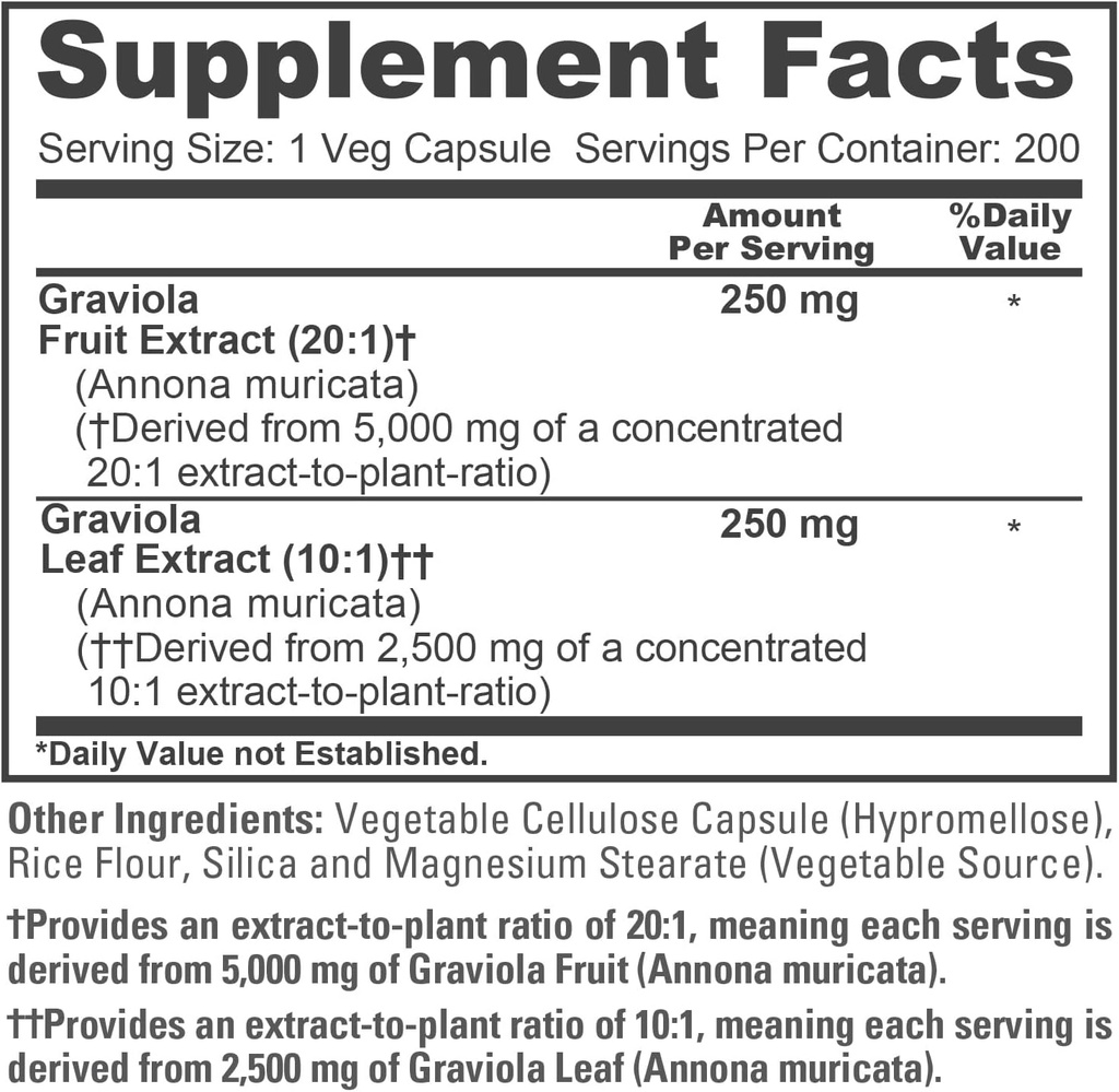NusaPure Graviola 20:1 & 10:1 Extract, 250 mg Equivalent to 7,500 mg per caps 200 Veggie (Vegan, Non-GMO) 5