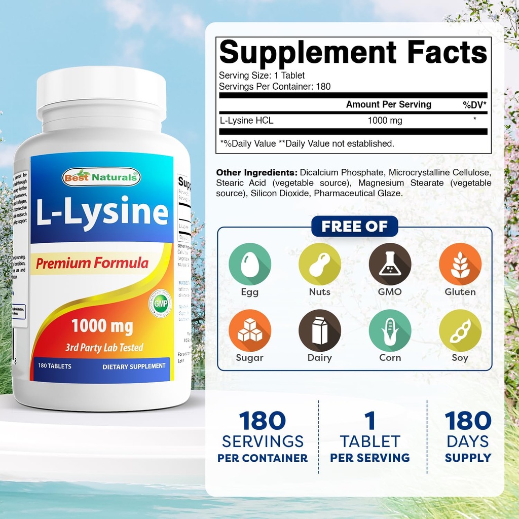 Best Naturals L-Lysine 1000mg 180 Tablets (180 Count (Pack of 1)) (2 Bottles) 3
