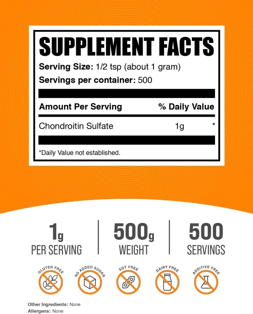 BulkSupplements.com Chondroitin Sulfate Powder - Chondroitin Sulfate Supplement, for Joint Support - Gluten Free, 1g per Serving, 500g (1.1 lbs) (Pack of 1) 3