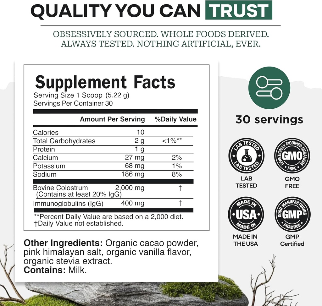 Colostrum Supplement - Grass Fed Pure Bovine Colostrum Powder - 2000mg & 400mg IgG (calostro bovino) - Gut, Immunity, Skin, Hair Support - Sugar Free, Natural Cacao Flavour, 30 Servings 6