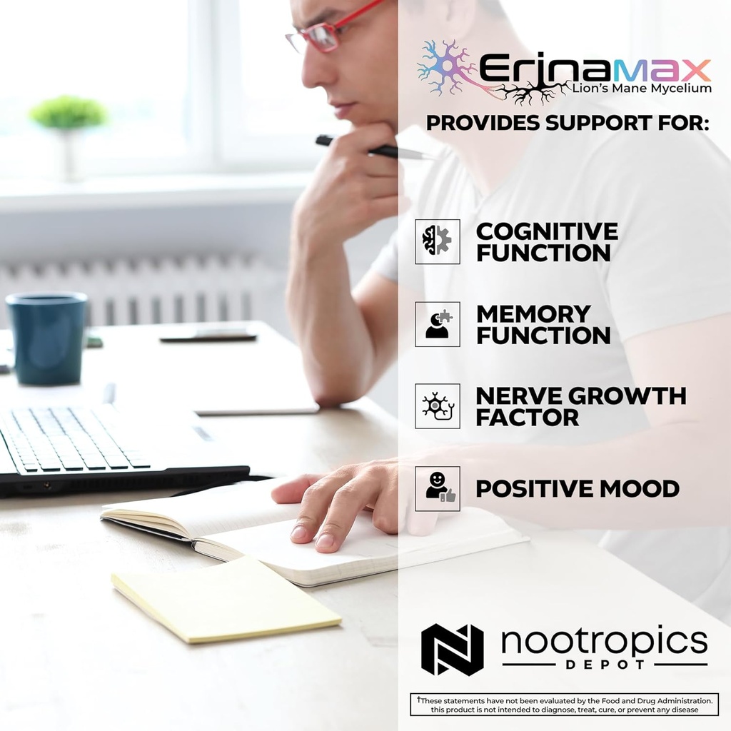 Nootropics Depot Erinamax Lion's Mane 500mg Capsules | Liquid Culture Mycelium | 2.5mg Erinacine A | Mood, Cognition, & Nerve Support | 120 Count 5