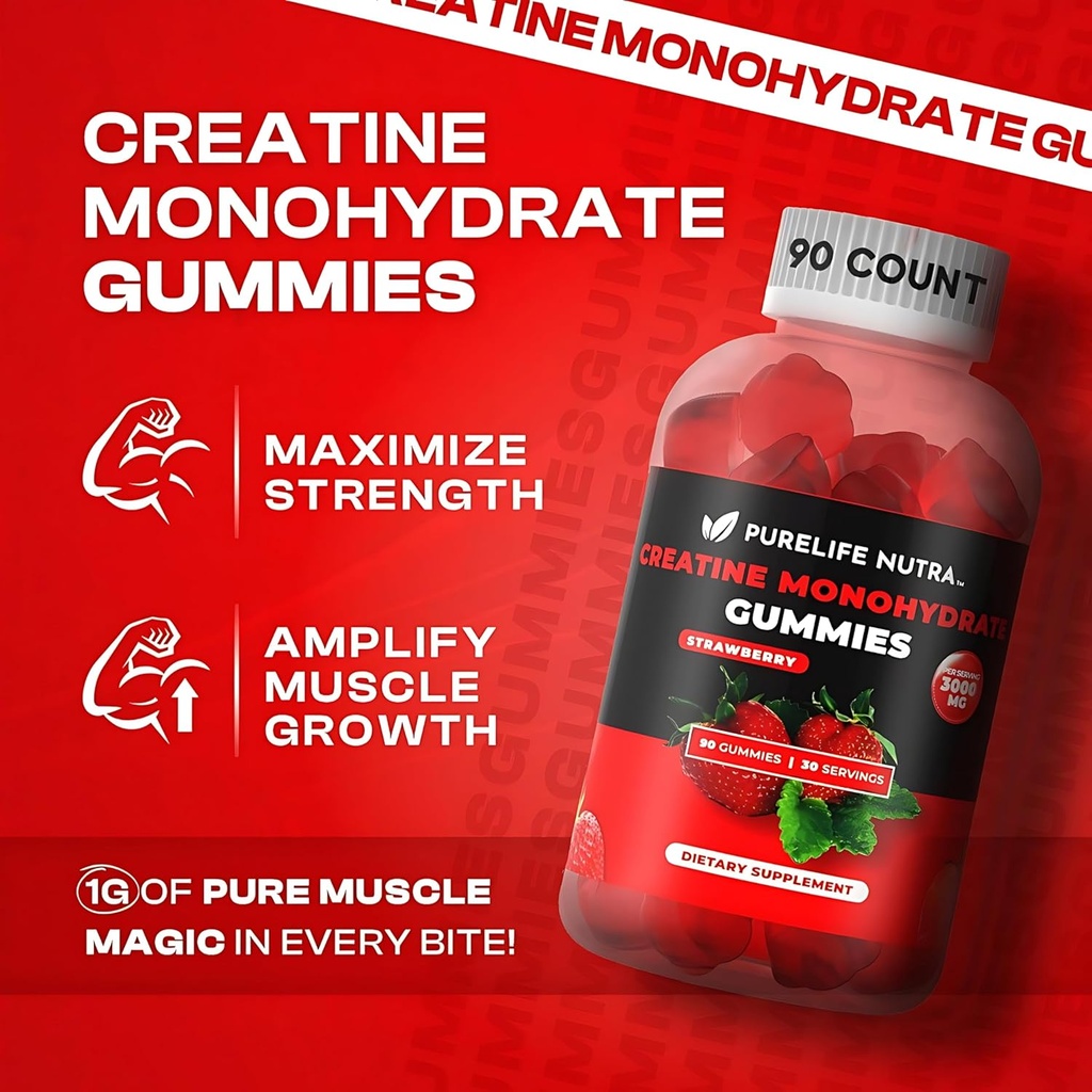 Creatine Monohydrate Gummies - 3g Serving, Sugar Free, 90 Count, Non-GMO, Designed for Men & Women, Gluten Free, Non Bloating - Vegan, Halal, Kosher. (90 Units, Strawberry) 3