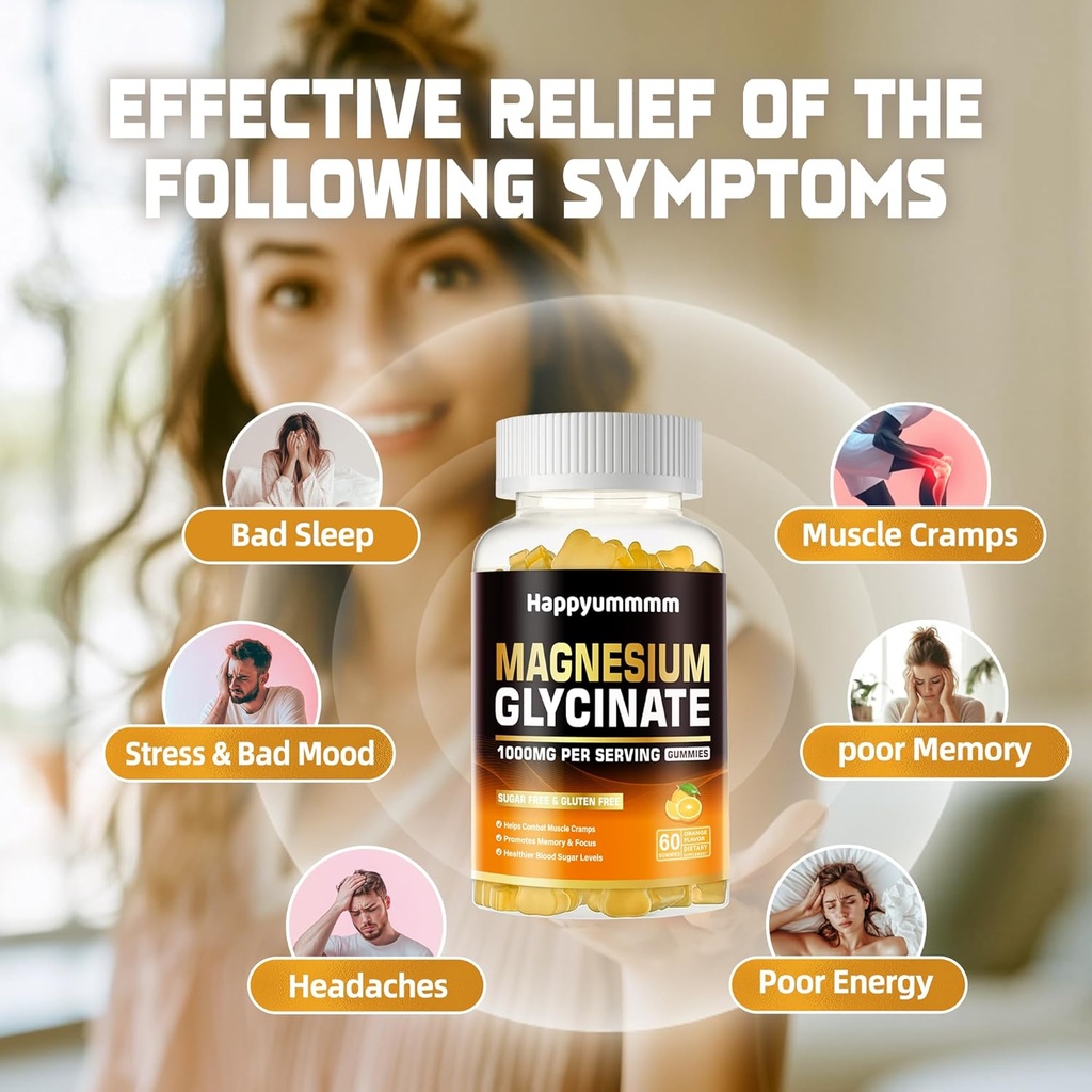 Magnesium Glycinate Gummies 1000mg - Sugar Free Magnesium Potassium Supplement with Vitamin D, B6, CoQ10 for Calm Mood & Sleep Support - 120 Orange Gummies. 4