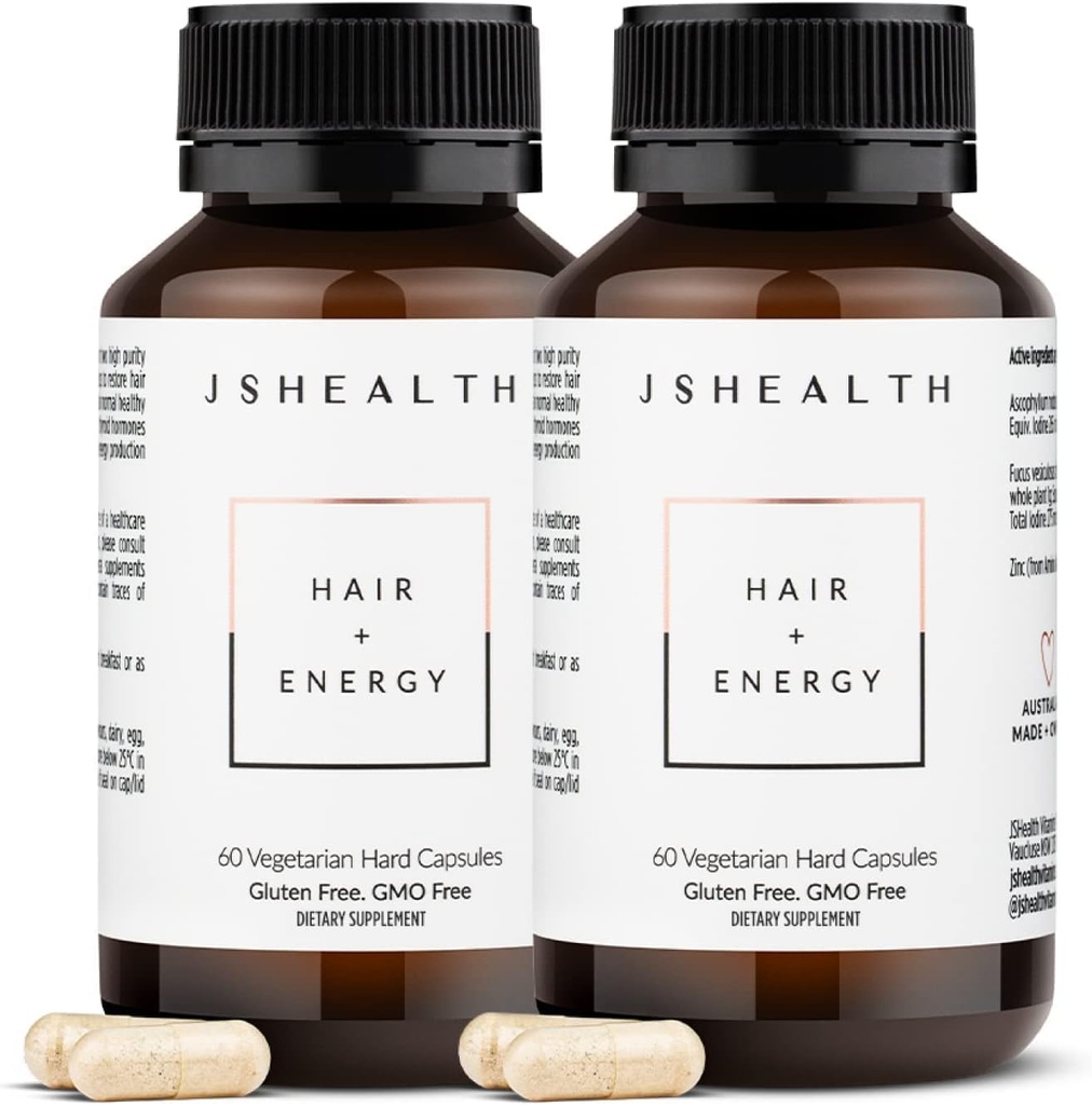 JSHealth Vitamins Hair + Energy Formula | Hair Vitamins for Women and Men with Iodine and Zinc | Supports Hair Strength, Energy Levels, and Healthy Hair Maintenance (60 Capsules Pack of 2) 2