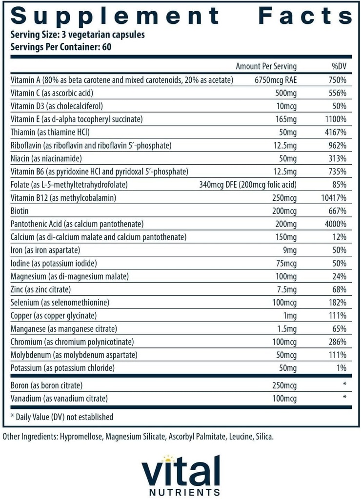 Vital Nutrients Multi-Nutrients with Iron and Iodine | Vegetarian Multivitamin and Mineral Supplement with Iron | Gluten, Dairy, Soy Free | Non-GMO | 180 Capsules 3