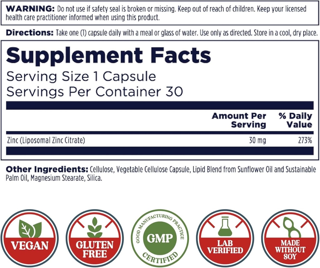 KAL Liposomal Zinc 30mg, Cellular Function and Immune Support Supplement, Enhanced Absorption Zinc Supplements, Vegan, Gluten Free, Soy Free, 30 Servings, 30 VegCaps 3
