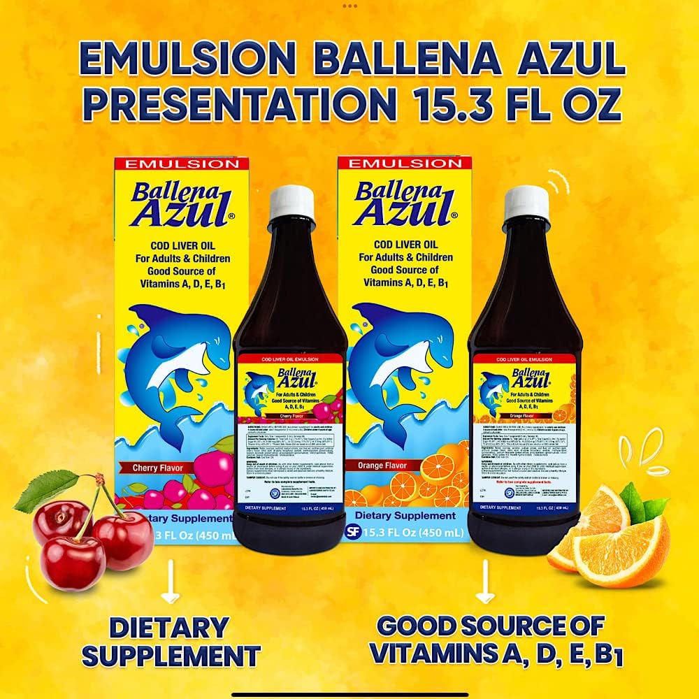 Ballena Azul Aceite de Hígado de Bacalao para Adultos y Niños, COD Liver Oil for Adults and Children,Vitamins A,D,E, B1, Dietary Supplement, Omega 3, Inmune System Boost, Cherry (Cherry 15 OZ) 6
