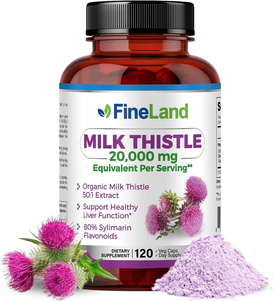 FineLand Milk Thistle Pills 50:1 Extract – 120 Vegan Capsules - 20,000 mg Strenght with 80% Silymarin Flavonoids – Liver & Antioxidant Support | 50X Concentrated Seed Extract - Non-GMO, Made in USA 2