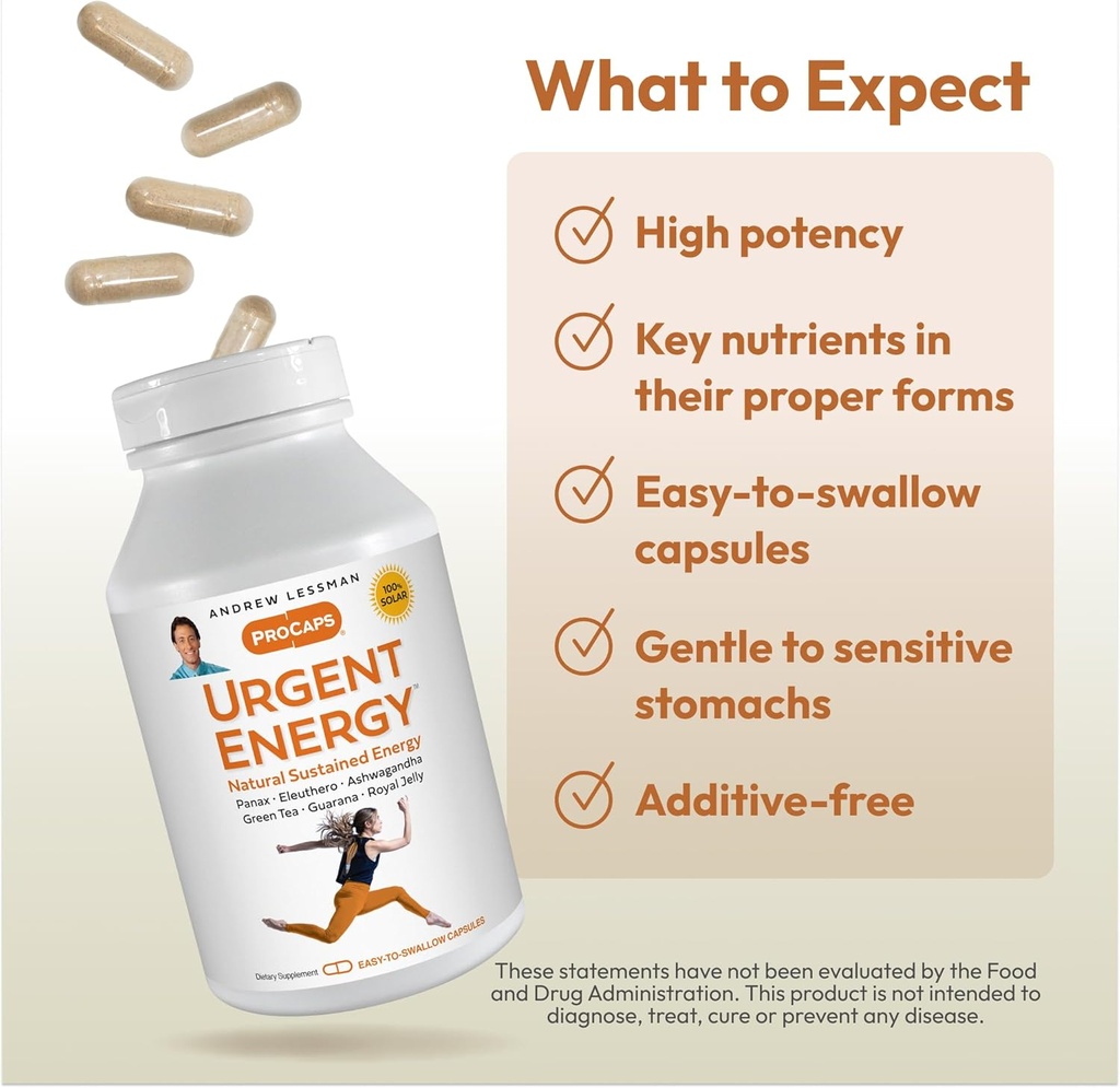ANDREW LESSMAN Urgent Energy 30 Capsules - Provides a Safe, Healthy Means of Enhancing Energy Levels and Feelings of Well-Being, Green Tea, Guarana, Ginseng, Royal Jelly, Ashwagandha, B-Complex 5