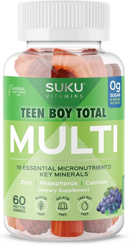 SUKU Teen Boy Multivitamin Gummies – Vitamins A, B12, C, D3, E, Zinc & Biotin – Sugar-Free Vegetarian Supplement for Energy, Growth, Immune & Bone Health – Grape Flavor – 60 Count 2