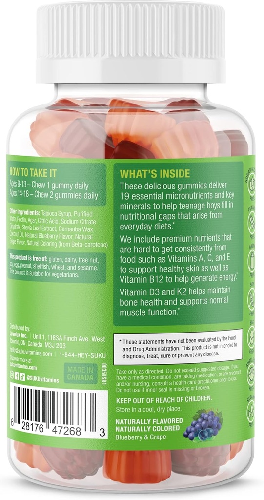 SUKU Teen Boy Multivitamin Gummies – Vitamins A, B12, C, D3, E, Zinc & Biotin – Sugar-Free Vegetarian Supplement for Energy, Growth, Immune & Bone Health – Grape Flavor – 60 Count 4