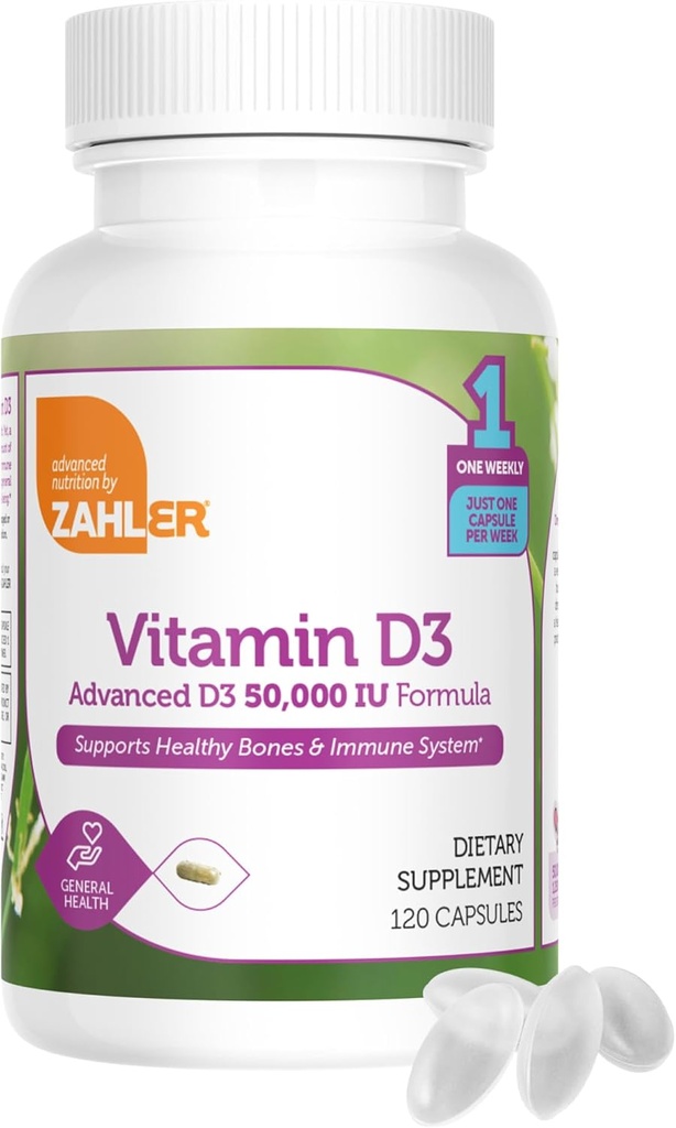 Zahler - Advanced Vitamin D3 50000 IU capsules (120 Count) Kosher Vegetarian Friendly Vitamin D for Immune Support, Bone, Teeth & Muscle Health - Weekly D3 Vitamin Supplement- Easy Swallow Vitamin D3. 3