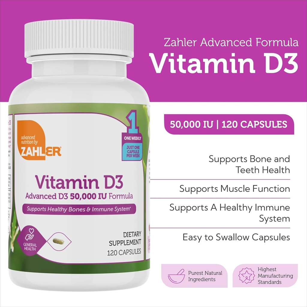 Zahler - Advanced Vitamin D3 50000 IU capsules (120 Count) Kosher Vegetarian Friendly Vitamin D for Immune Support, Bone, Teeth & Muscle Health - Weekly D3 Vitamin Supplement- Easy Swallow Vitamin D3. 4