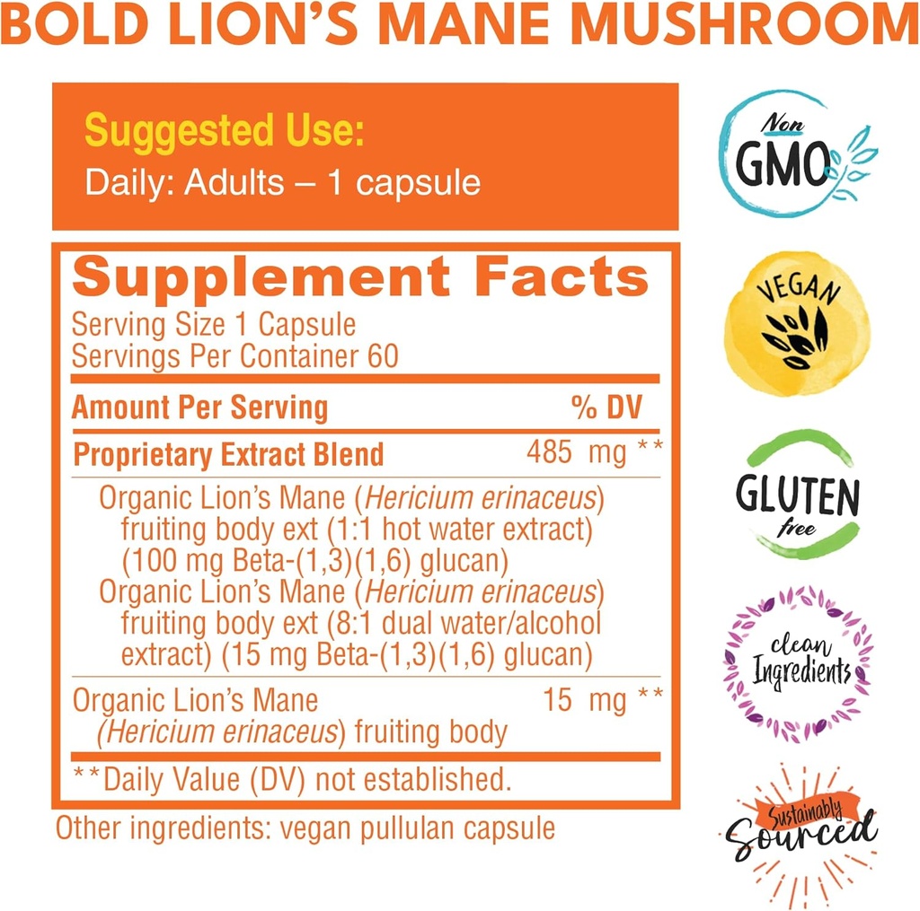 Bold Botanica Lion’s Mane Mushroom Capsules - 100% Fruiting Body – Concentrated Organic Lion’s Mane Extracts – Nootropic Brain Health – Memory, Mood, Immune Support – 60 Vegan Capsules 3