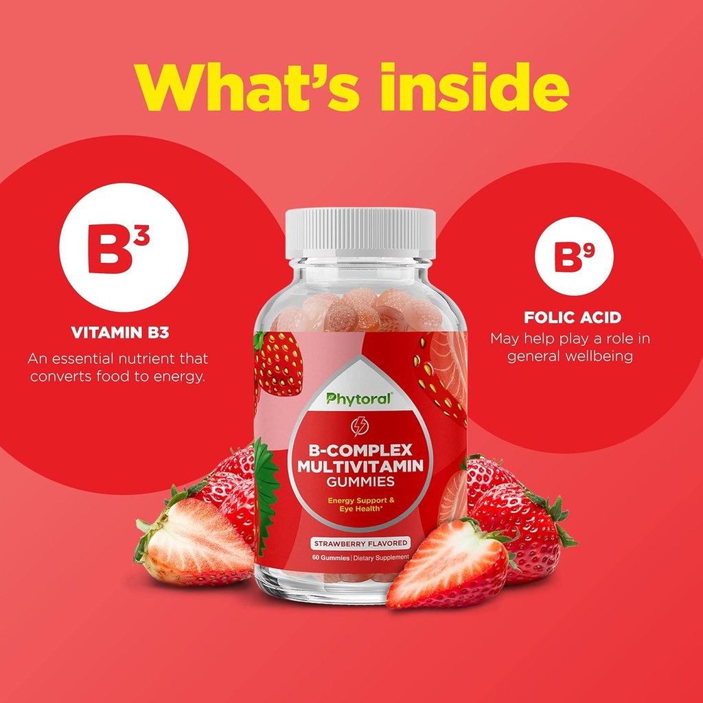 Vitamin B Complex Gummies for Adults & Kids - B Vitamins Complex with Thiamin, Riboflavin, Niacin, 6, 12 and Folate - Blend Supplement for Nervous System Support Energy & High Strength - 60 Gummies 6