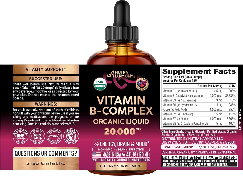 USDA Organic Vitamin B-Complex B5 Pantothenic Acid | B12 Methylcobalamin | B1 Thiamine | B6 Pyridoxine | B7 Biotin | B9 Folic | B3 Niacinamide - B Complex Liquid Drops, Made in USA Supplement, 4fl oz 3