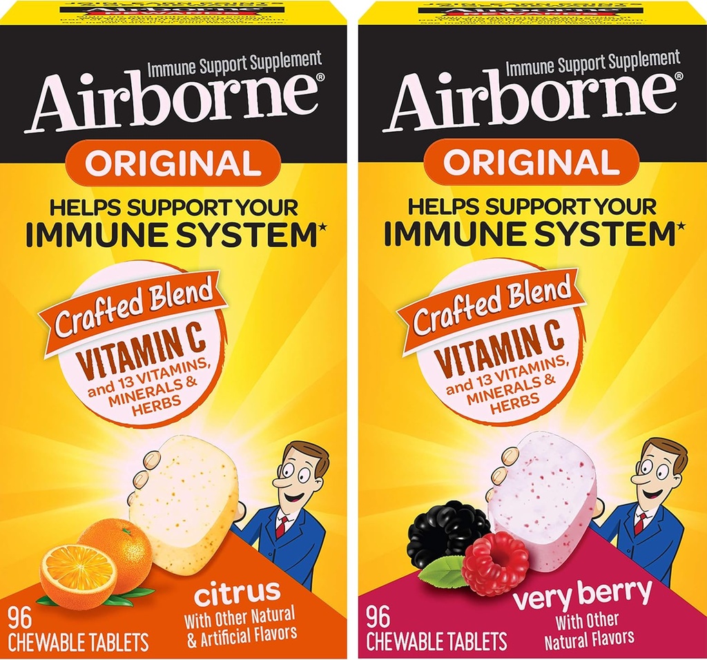 Airborne 1000mg Vitamin C Chewable Tablets Citrus & Very Berry Flavor Bundle - Immune Support Supplement with Zinc and Powerful Antioxidant Vitamins A C & E, (2x96ct bottles)* 2